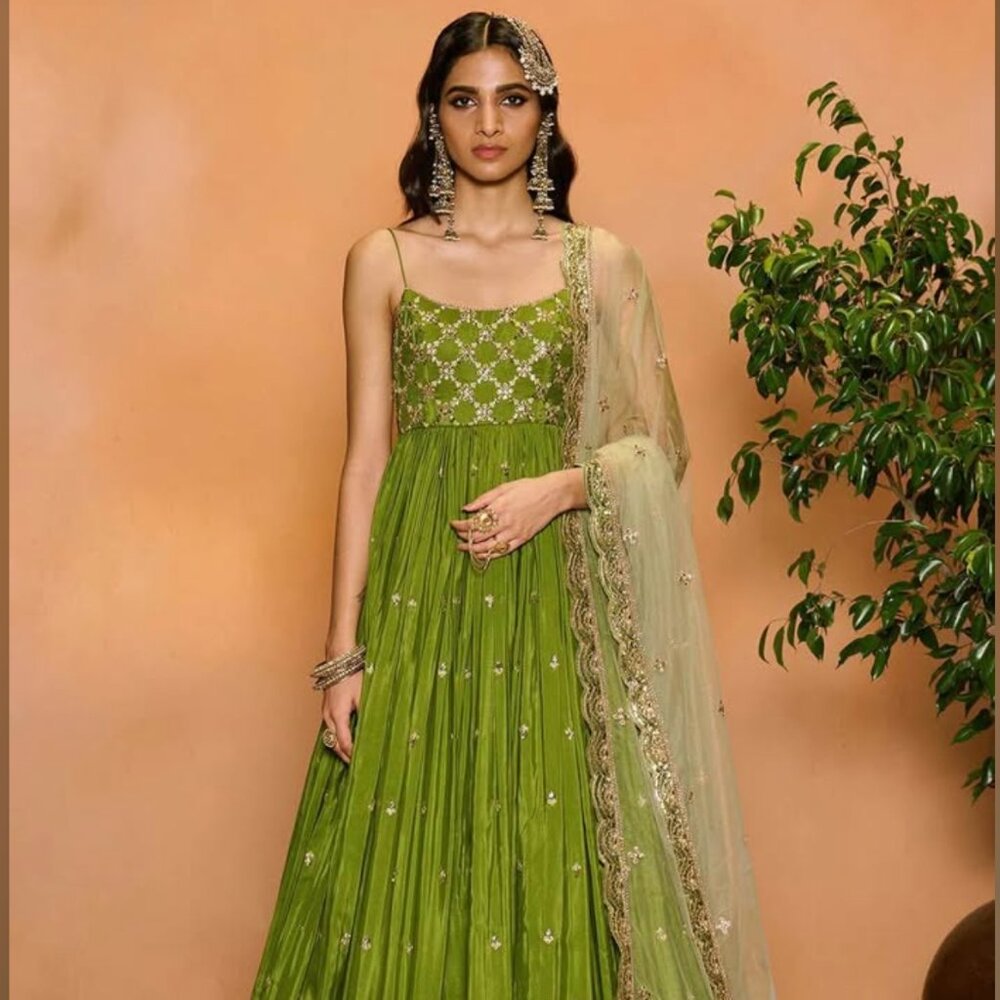 Mehendi Green Embroidered Anarkali